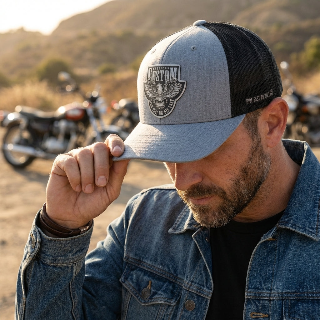 Casquette Trucker Ventura studio sur base Flexfit 6606 Heather Noir | Patch American custom vue portée