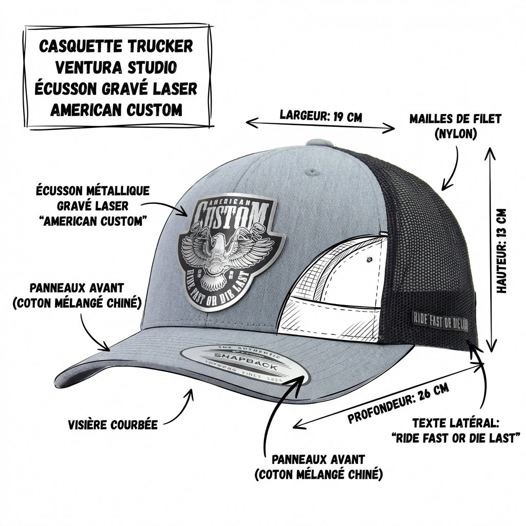 Casquette Trucker Ventura studio sur base Flexfit 6606 Heather Noir | Patch American custom details et dimensions