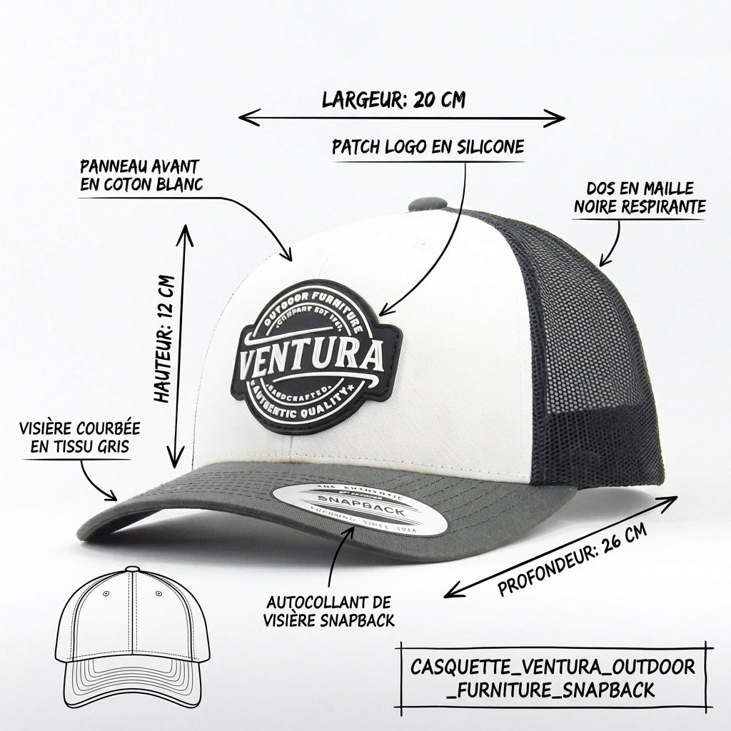 Casquette trucker ventura studio avec face avant blanche et arriére filet noir écusson PVC Ventura outdoor details et dimensions