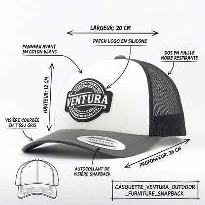 Casquette trucker ventura studio avec face avant blanche et arriére filet noir écusson PVC Ventura outdoor details et dimensions