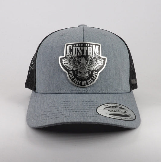 Casquette Trucker Ventura studio sur base Flexfit 6606 Heather Noir | Patch American custom vue face