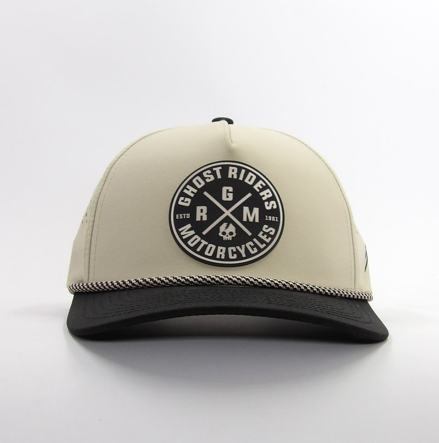 Casquette Trucker Dura-bull Beige Noir – Patch Cuir Ghost Riders Motorcycles vue de face